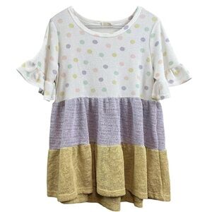 Oddy Oddi Knit Ruffle Colorblock Polka Dot Sweater Top Pastel Lavender White M